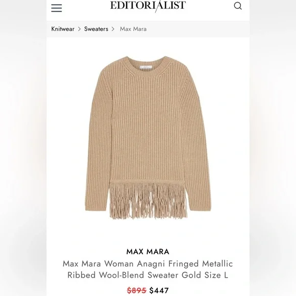 MaxMara label-cutWoman Anagni Fringed MetallicRibbed Wool-Blend Sweater Gold S,M - Picture 6 of 13
